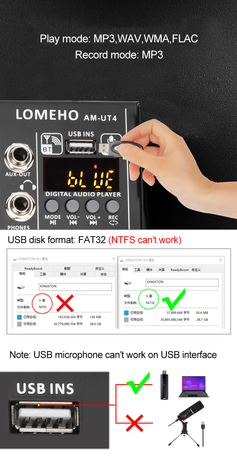 LOMEHO AM-UT4 микшерный пульт 4 микр с отдельн.фантом, эквалайзер, MP3 USB, DSP, Bluetooth, XLR Out