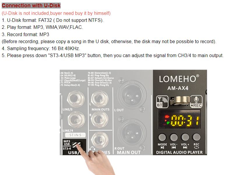 LOMEHO AM-AX4 микшерный пульт 2 микр, 1 стерео, эквалайзер, MP3 USB, DSP, Bluetooth, XLR OUT
