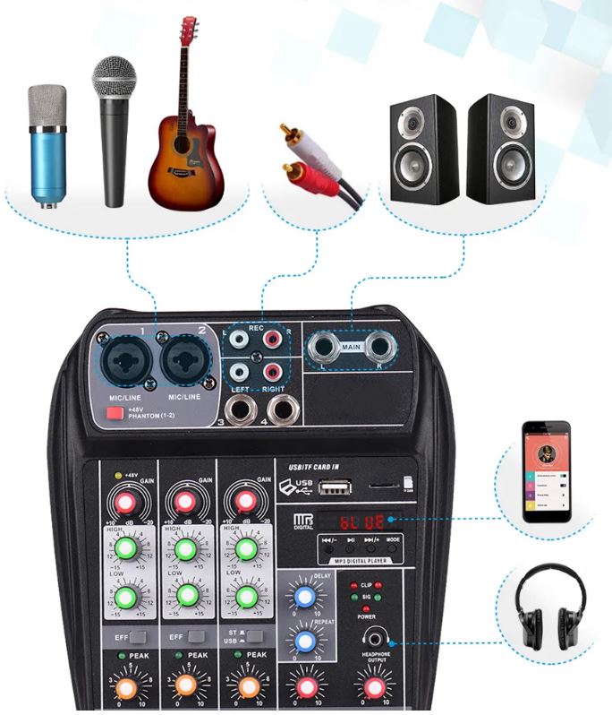 TEYUN A4TF микшерный пульт 2 микр, 1 стерео, MP3 USB, TF-card, эффекты