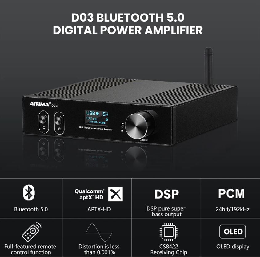 AIYIMA D03 усилитель мощности 2х 150Вт/4 Ом с ИК ДУ (Bluetooth, AUX, PC-USB, Optical)